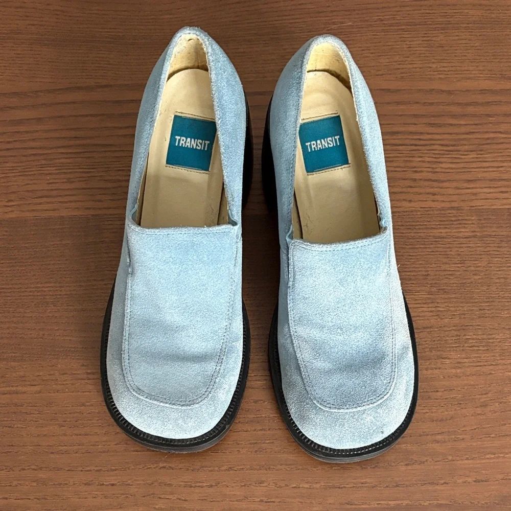 TRANSIT - Women's Blue Suede Chunky Heeled Loafers - Picture 3 of 11